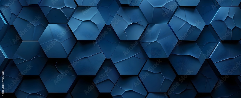 Poster blue background with dark blue hexagons in a seamless pattern, creating an abstract and futuristic d