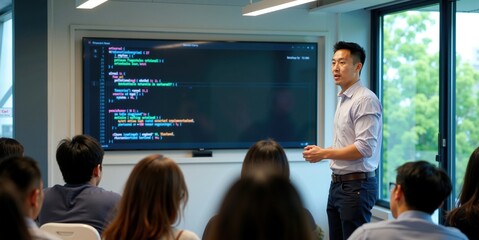 Asian Male Instructor Leading Programming Class with Students Using Laptops