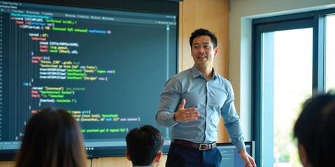 Asian Male Instructor Leading Programming Class with Students Using Laptops