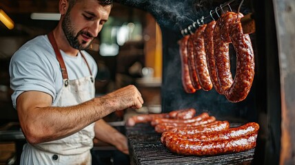 A chef prepares delicious sausages on a grill, showcasing culinary skills and passion for flavorful cooking.