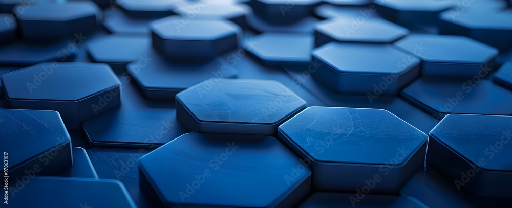 Poster blue background with dark blue hexagons in a seamless pattern, creating an abstract and futuristic d