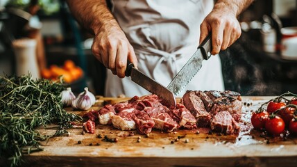 A chef skillfully cuts fresh meat and vegetables, showcasing culinary artistry in a rustic kitchen setting.