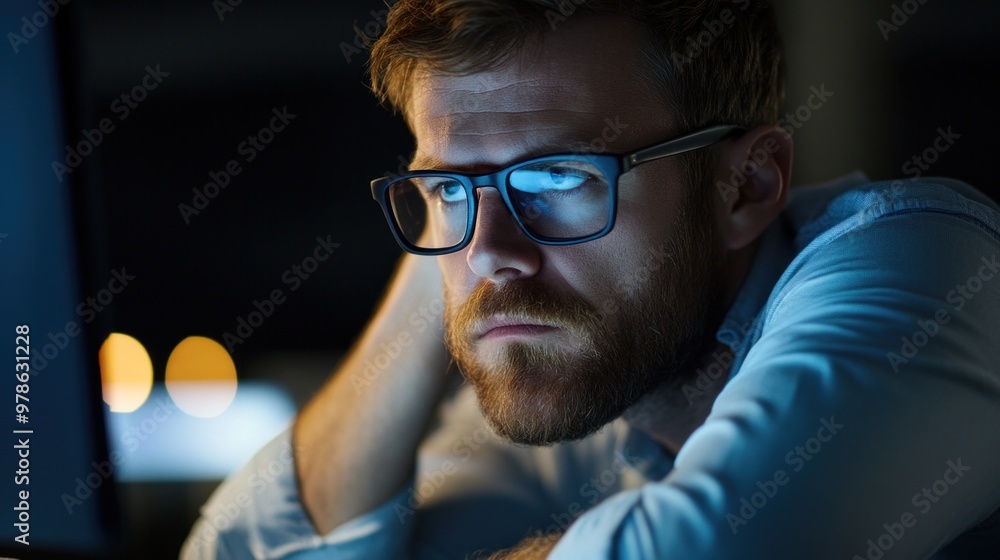 Poster a man with a beard and glasses gazes intently at his computer screen, deep in thought during the lat