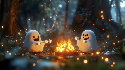 Happy 3D-rendered ghosts roasting marshmallows around a campfire surrounded by a magical forest scene