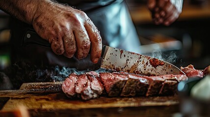 A chef skillfully slices a succulent roast on a wooden cutting board, showcasing the delicious juices and textures of the meat.