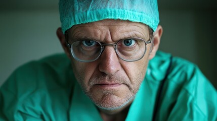 A surgeon in green scrubs displays intense concentration, preparing for an operation in a well-lit hospital room early in the morning, emphasizing dedication to patient care