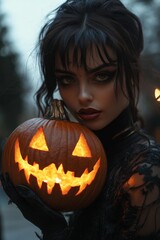 Goth inspired woman, holding a carved pumpkin, fashion and make-up shoot Portrait. Gothic, Goth, Victorian, Dark style fashion. Dark smokey make-up, red lipstick. Dramatic. Elegant.	