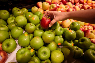 Close-up of hand holding red apple in market
