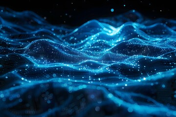 Blue, glowing waves of energy with particles on a black background. An abstract, futuristic technology concept