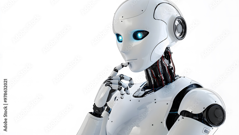 Poster humanoid robot thinking isolated on white background,with copy space.
