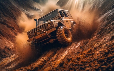 An exhilarating action shot capturing a rugged 4x4 vehicle engaged in offroading adventure, ascending a steep, muddy hill, showcasing the thrill and challenge of mudding