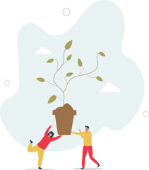 People characters planting tree seedling. Characters trying to save planet earth from climate change.flat design with people.