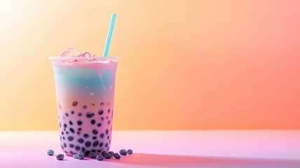 A colorful bubble tea drink with milk, tapioca pearls, and an appealing gradient backdrop, perfect for refreshment and style.