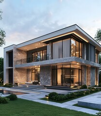 Fototapeta premium Modern House Design with Large Windows and Outdoor Pool