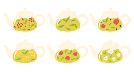 Set of teapots with tea. Collection of teapots with green, herbal and berry tea. Vector illustration. Flat style.