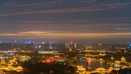 Night view and stunning sunset of Datang Furong Garden City Park, Xi'an, China