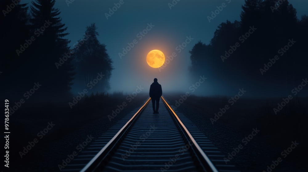 Poster a person walks alone on railway tracks surrounded by mist, with a large full moon illuminating the l