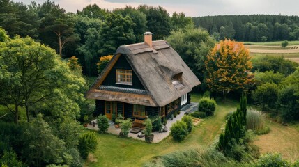 Cozy cottage house with a thatched roof in the countryside
