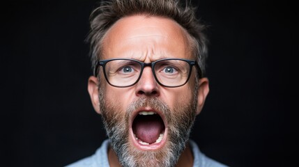 A man with a beard and glasses passionately yells with his mouth wide open, conveying strong emotions. The dark background emphasizes his vivid expression