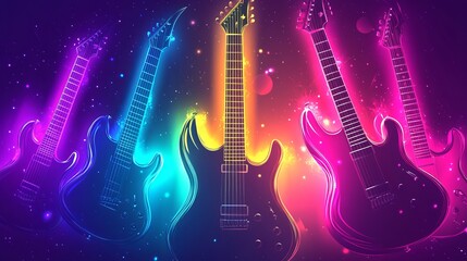 Neon electric guitars on a bright gradient background, music-themed digital art.