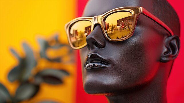 The mannequin showcases a chic pair of golden sunglasses, positioned against a striking yellow and red backdrop, enhancing the trendy aesthetic of the display