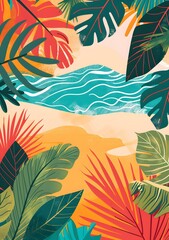 Tropical Leaves and Ocean Waves Illustration