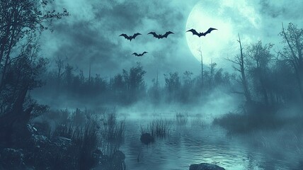 Fototapeta premium A haunting moonlit landscape with eerie fog, bats flying over a serene lake, perfect for spooky themes and Halloween ambiance.