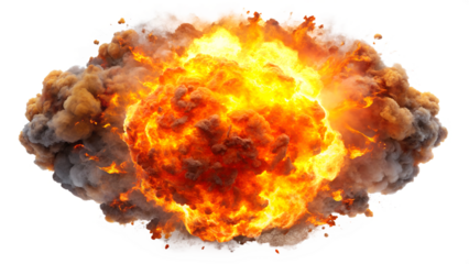 A dramatic explosion with vivid flames and dense smoke, isolated on a transparent or white background.