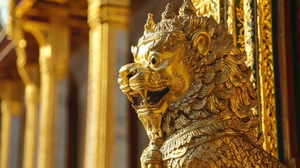 A majestic golden lion sculpture, detailed and intricately designed, symbolizing strength and protection in a historical temple.