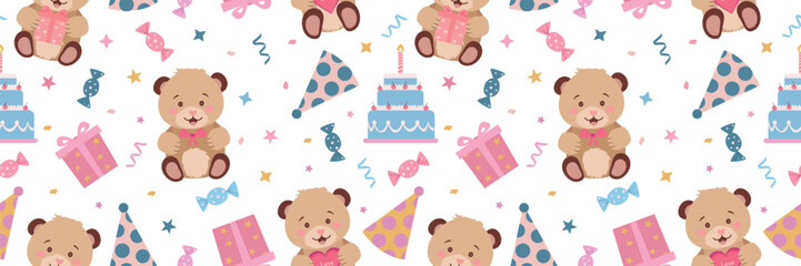 Seamless pattern birthday. Cute bear, candies, gifts, cake. Vector