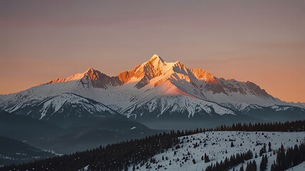 a mountain with a pink sky and trees in the background.