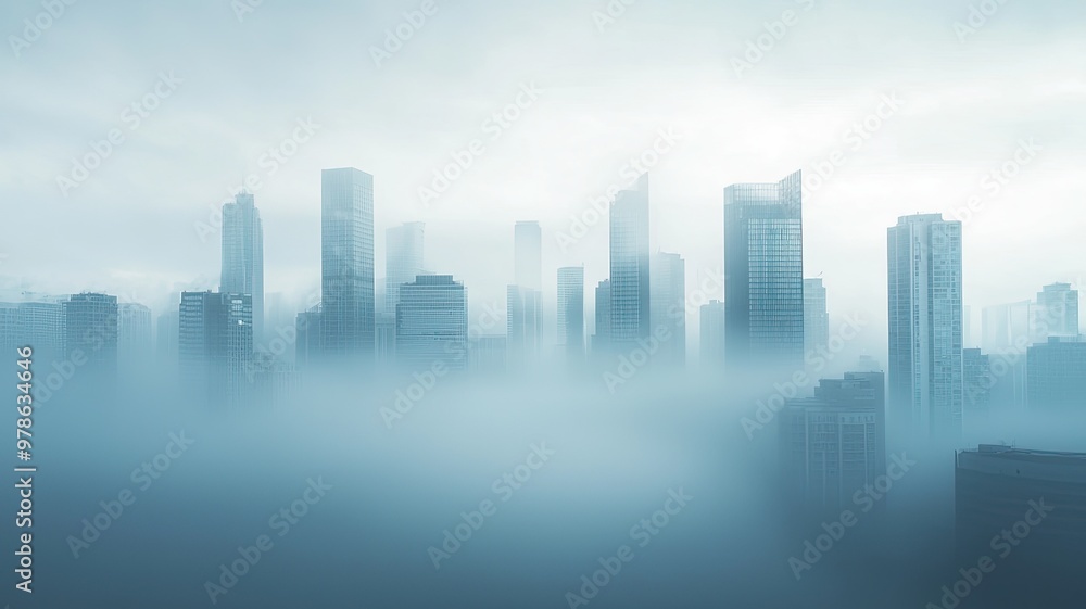 Poster a misty skyline view of skyscrapers emerging from fog, creating a serene and mysterious urban atmosp