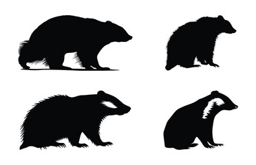 Honey Badger Silhouette Clipart Bundle, Badger Vector Black Silhouette Set