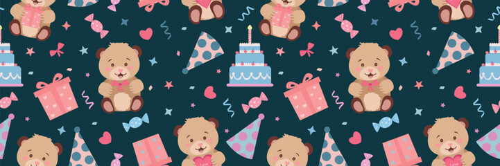 Seamless pattern birthday. Cute bear, candies, gifts, cake. Vector