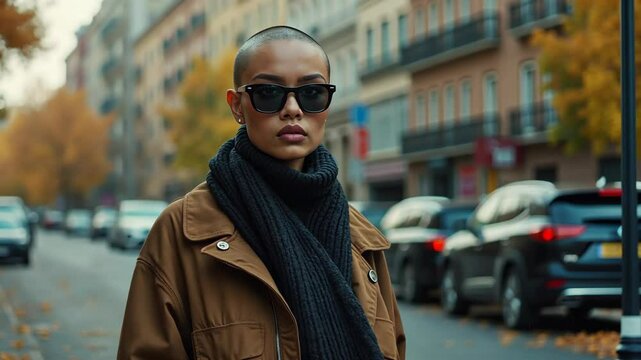 Stylish woman with shaved head in oversized coat and sunglasses walks through autumn streets of a city, showcasing urban fashion and vibes.