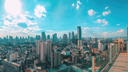 A panoramic view of a vibrant city skyline under a clear blue sky, showcasing modern architecture and urban landscape.