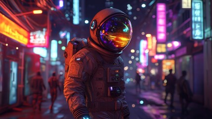 Obraz premium Neon Cyberpunk Astronaut in Hyper-Realistic Suit on Glowing Street at Night