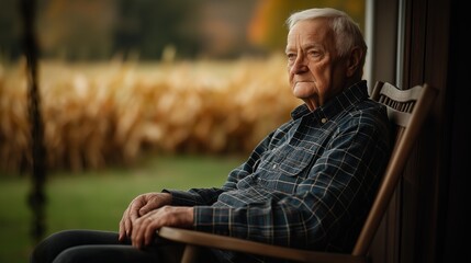 An elderly man sits in a rocking chair on a porch, looking out at a field of corn