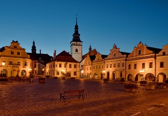 Fototapeta premium Night view of Masaryk Square in Pelhrimov