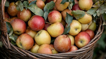 A rustic basket filled with fresh, colorful apples showcasing the beauty of nature's harvest.