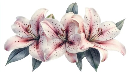 A beautiful arrangement of pink and white lilies with green leaves.