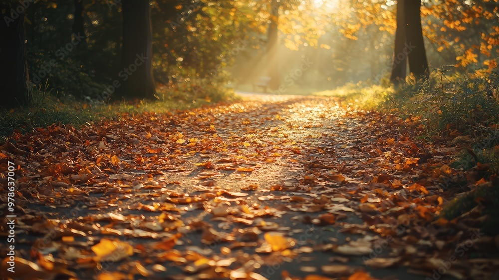 Poster a serene autumn path covered with colorful leaves, illuminated by soft sunlight filtering through tr