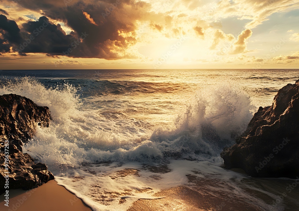 Wall mural Ocean Sunset with Waves Crashing on Rocks