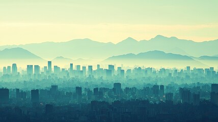 Obraz premium A serene cityscape at dusk, featuring silhouettes of buildings and mountains under a misty atmosphere, evoking tranquility.