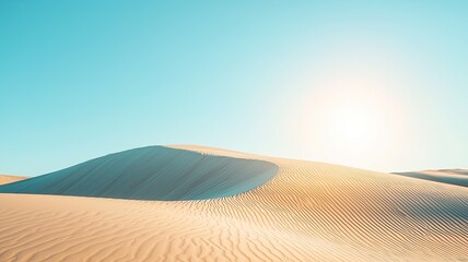 Naklejka premium A serene desert landscape with gentle dunes and a clear blue sky, illuminated by the warm sunlight.