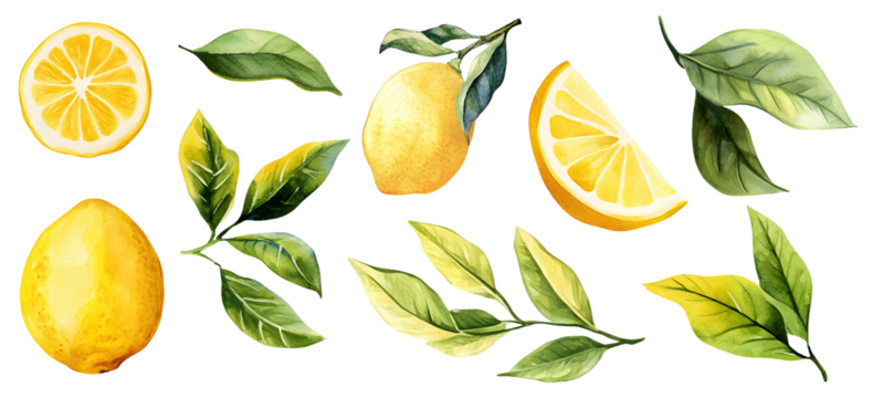 Watercolor lemon, lemon slice and leaf clipart elements