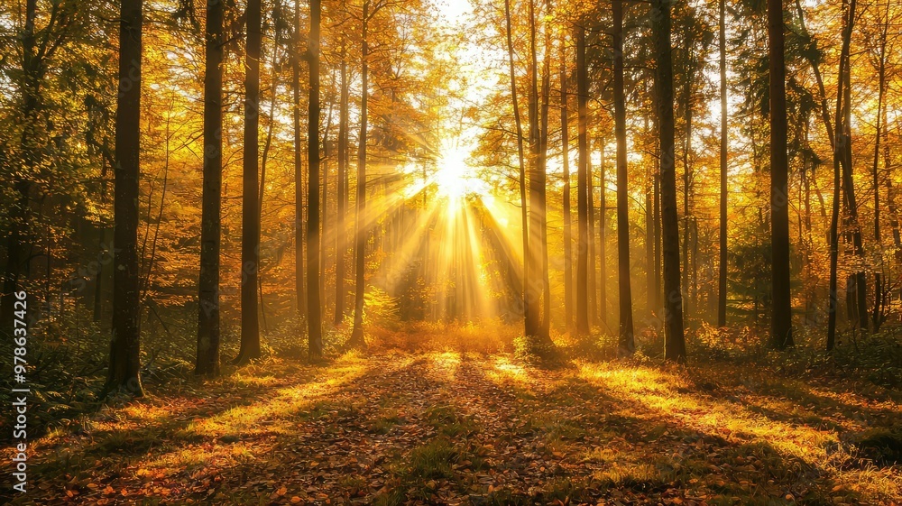 Poster a serene forest scene with golden sunlight filtering through tall trees, creating a warm, inviting a