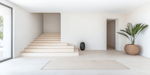 Fototapeta premium Minimalist interior design featuring a staircase and potted plant in a bright, open space during daylight hours