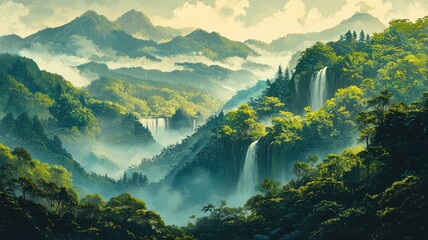 A serene landscape featuring lush mountains and cascading waterfalls, surrounded by misty greenery and a tranquil atmosphere.