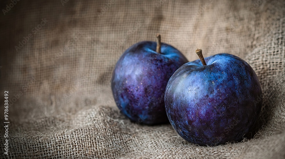 Poster two plums on sacking : generative ai